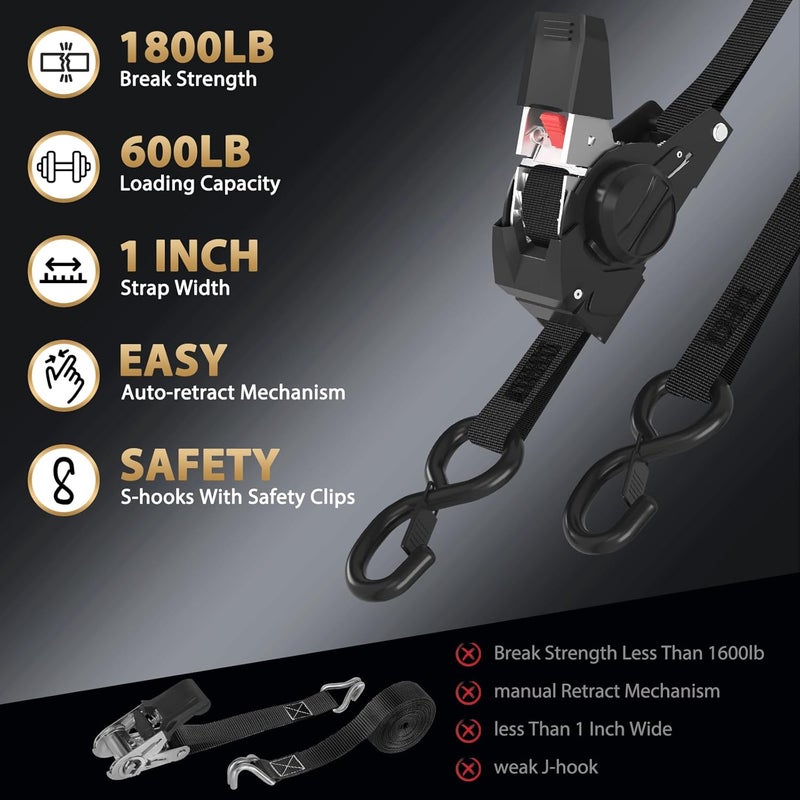 IAZZCO Retractable Ratchet Tie Down Straps - 1 Inch x 10 Feet (1800 LB Break Strength) Heavy Duty Self Retracting Ratchet Straps, for Trucks/ATV/Motorcycle/Cargo/Household（Black/2 Pack） - Image 5